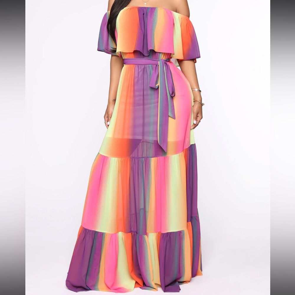 Bright colors off the shoulder maxi dress